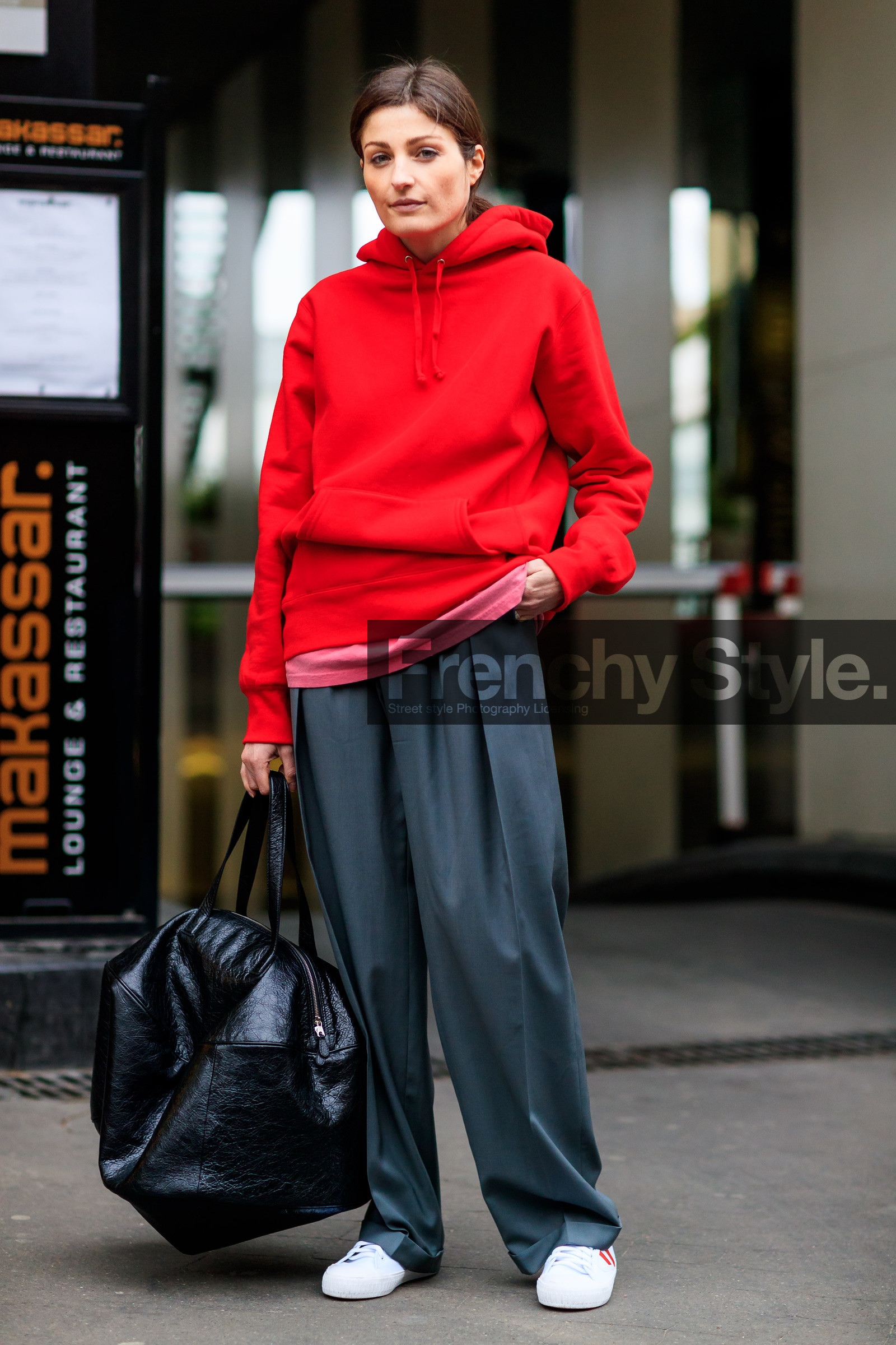 AUTUMN WINTER 2017-2018, AW 17-18, black bag, FALL WINTER 2017-2018, fashion week, frenchystyle, full length, FW, FW 17-18, grey pants, hoodie, jonathan paciullo, leather bag, PARIS, PFW, red sweater, street style, trousers, vertical, white sneakers