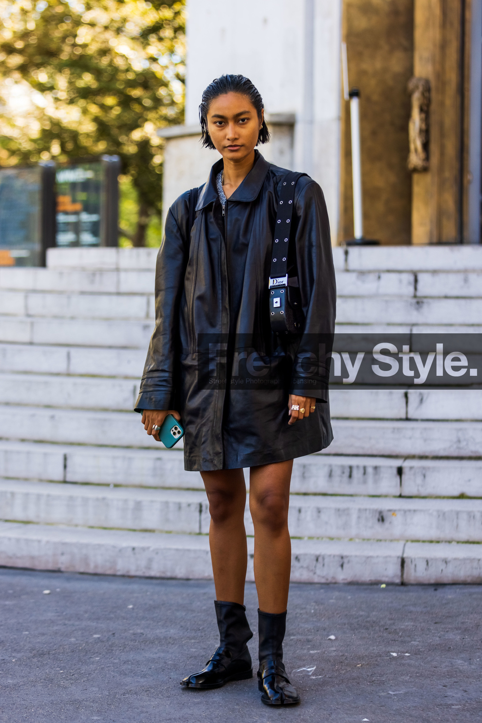 bag, black bag, black boots, black jacket, boots, dior bag, jacket, leather bag, leather boots, leather jacket, margiela boots, rings, short hair, street style, jonathan paciullo, FW, frenchystyle, fashion week, PFW, PARIS, SPRING SUMMER 2022, SS 22, vertical, full length, model