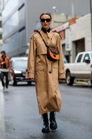mary leest, coach bag, coach coat, beige parka, beige trench coat, crossbody bag, brown suede bag, orange bag, orange suede bag, brown leather bag, square shape glasses, black leather boots, flat boots, big sole boots, prada boots, fashion week, frenchystyle, FW, jonathan paciullo, street style, NYFW, NEW YORK, AUTUMN WINTER 2020-2021, FALL WINTER 2020-2021, FW 20-21, vertical, full length