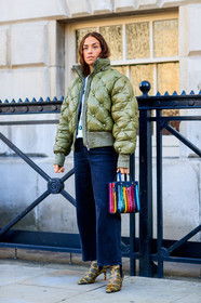 anya hindmarch, black denim, denim pants, down jacket, erika boldrin, graphic bag, green jacket, high heels, jeans, leather bag, leather shoes, multicolor bag, printed bag, proenza schouler, striped bag, trousers, yellow boots, fashion week, frenchystyle, FW, jonathan paciullo, street style, LFW, LONDON, SPRING SUMMER 2019, SS 19, vertical, full length