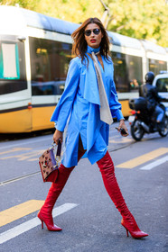 blue dress, blue scarf, fashion week, fendi, frenchystyle, full length, FW, graphic bag, high boots, high heels, jonathan paciullo, leather bag, leather shoes, MFW, MILAN, printed bag, red bag, red shoes, shirt dress, SPRING SUMMER 2018, SS 18, street style, sunglasses, vertical