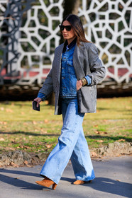 blazer, blue denim, camel boots, denim jacket, denim pants, gingham, grey jacket, high heels, jeans, leather shoes, sunglasses, trousers, watch, MILAN, MFW, fashion week, frenchystyle, FW, jonathan paciullo, street style, AUTUMN WINTER 2019-2020, AW 19-20, FALL WINTER 2019-2020, FW 19-20, vertical, full length
