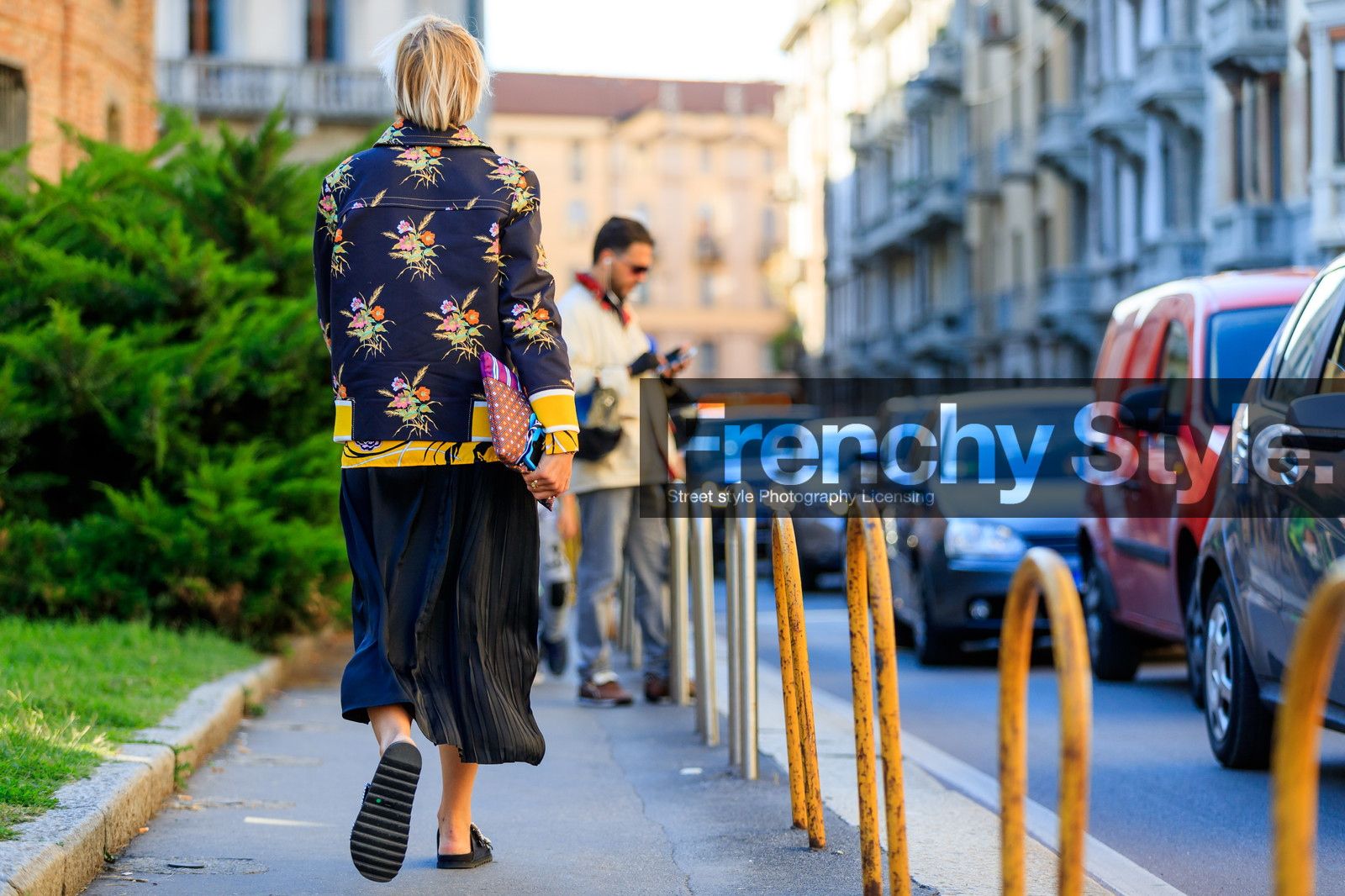 atmosphere details, black jacket, black sandals, black shoes, black skirt, elisa nalin, fashion week, floral, flowers, frenchystyle, full length, FW, graphic jacket, horizontal, jonathan paciullo, leather bag, leather shoes, MFW, MILAN, pleated skirt, printed jacket, SPRING SUMMER 2018, SS 18, street style, yellow shirt