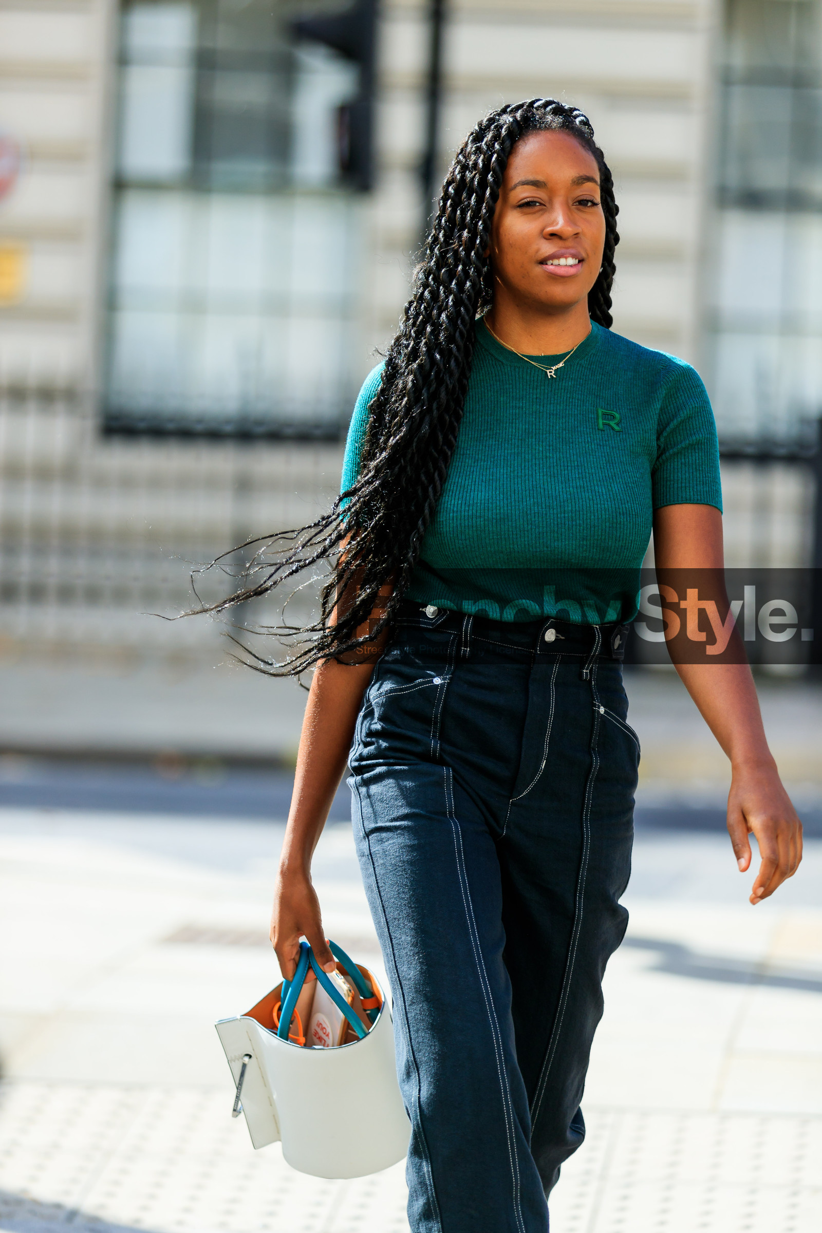 black denim, braids, denim pants, green top, jeans, leather bag, trousers, white bag, fashion week, frenchystyle, FW, jonathan paciullo, street style, LFW, LONDON, SPRING SUMMER 2019, SS 19, vertical, detail, atmosphere details