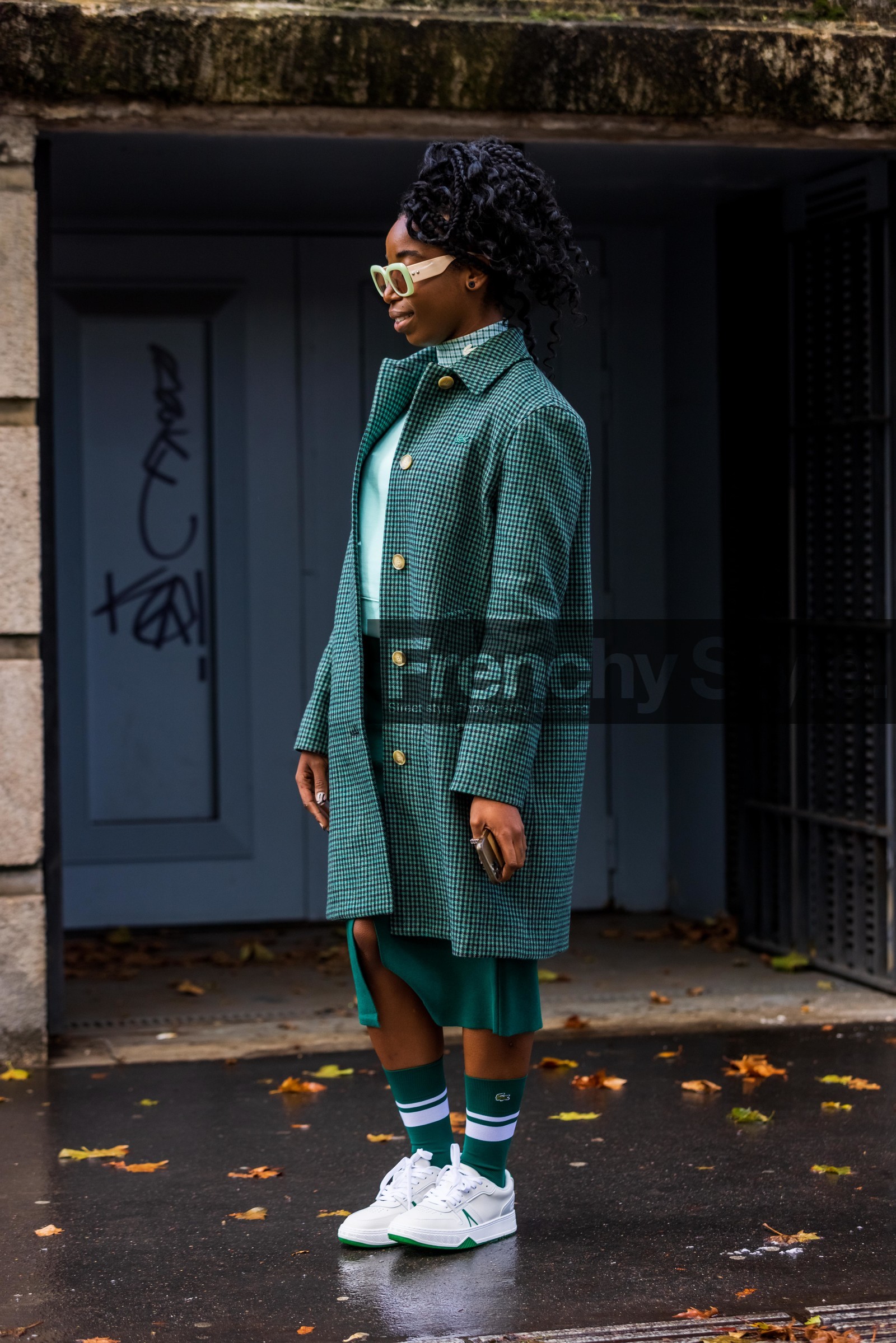 check, checked coat, coat, green coat, green socks, green sunglasses, lacoste look, oversize sunglasses, printed coat, sneakers, socks, sunglasses, white sneakers, lacoste, fashion week, frenchystyle, FW, jonathan paciullo, street style, PFW, PARIS, SPRING SUMMER 2022, SS 22, vertical, full length