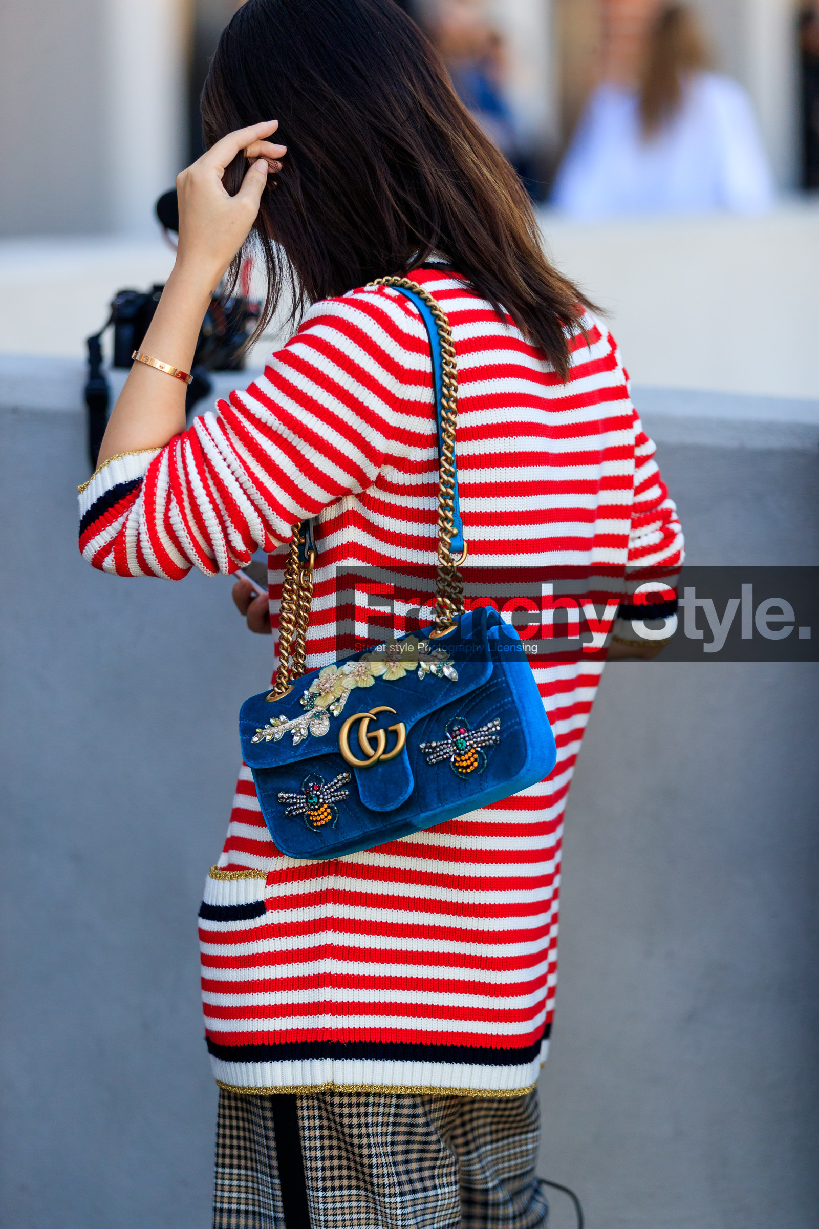 blue bag, embroidered bag, fashion week, floral, flowers, frenchystyle, full length, FW, graphic bag, graphic pants, graphic sweater, gucci, jonathan paciullo, leather bag, MFW, MILAN, printed bag, printed pants, red sweater, SPRING SUMMER 2018, SS 18, street style, striped sweater, trousers, velvet, vertical