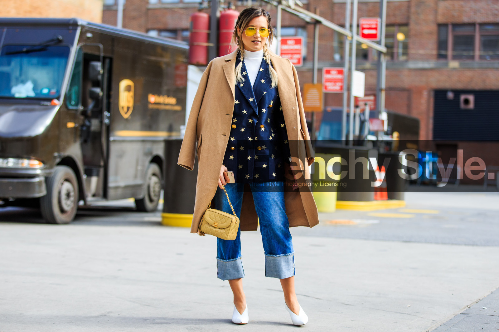 atmosphere details, AUTUMN WINTER 2016-2017, aviator sunglasses, AW 16-17, beige coat, blazer, blue denim, braids, chanel, danielle bernstein, denim pants, FALL WINTER 2016-2017, fashion week, frenchystyle, full length, FW, FW 16-17, horizontal, jeans, jonathan paciullo, kitten heels, leather bag, leather shoes, navy jacket, NEW YORK, NYFW, over the shoulder, overcoat, printed jacket, stars, street style, trousers, white heels, woman, yellow bag
