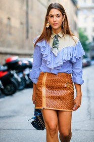 blue bag, blue shirt, brown skirt, earrings, graphic bag, graphic shirt, graphic skirt, green scarf, leather bag, leather skirt, printed bag, printed shirt, printed skirt, ruffles, stripes, studs, valentino, fashion week, frenchystyle, FW, jonathan paciullo, street style, MFW, MILAN, SPRING SUMMER 2019, SS 19, vertical, atmosphere details, detail