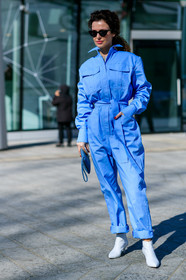 blue bag, blue jumpsuit, leather bag, leather shoes, sunglasses, trousers, white shoes, MILAN, MFW, fashion week, frenchystyle, FW, jonathan paciullo, street style, AUTUMN WINTER 2019-2020, AW 19-20, FALL WINTER 2019-2020, FW 19-20, vertical, full length