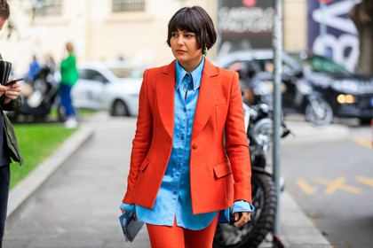 maria bernad, red suits, red jacket, red pants, blue shirt, fashion week, frenchystyle, FW, jonathan paciullo, street style, MFW, MILAN, SPRING SUMMER 2020, SS 20