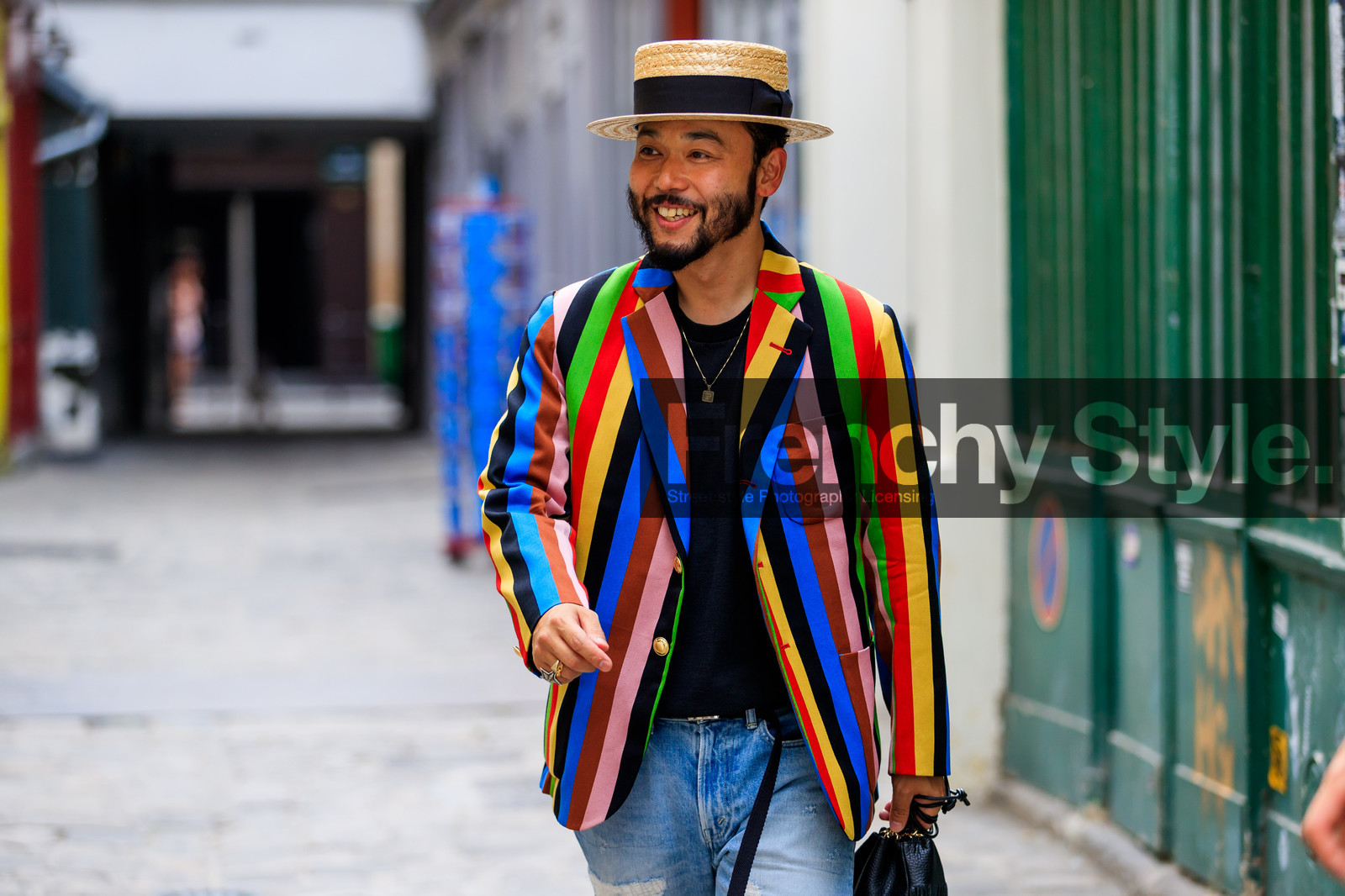 atmosphere details, black bag, black t shirt, blue denim, denim pants, detail, fashion week, frenchystyle, FW, graphic jacket, horizontal, jeans, jonathan paciullo, leather bag, MENSWEAR, multicolor jacket, PARIS, PFW, printed jacket, SPRING SUMMER 2018, SS 18, straw hat, street style, striped jacket, trousers