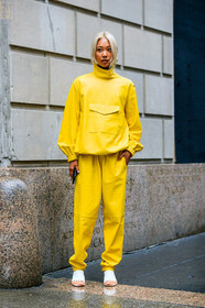 high heels, leather pants, leather shoes, open toe, sweatpants, trousers, vanessa hong, white shoes, yellow pants, yellow sweater, street style, jonathan paciullo, FW, frenchystyle, fashion week, NYFW, NEW YORK, SPRING SUMMER 2019, SS 19, vertical, full length