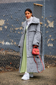 earrings, green dress, grey coat, leather bag, leather shoes, long dress, pink bag, turtleneck sweater, white sneakers, white sweater, street style, jonathan paciullo, FW, frenchystyle, fashion week, NYFW, NEW YORK, AUTUMN WINTER 2018-2019, AW 18-19, FALL WINTER 2018-2019, FW 18-19, vertical, full length, bettina looney