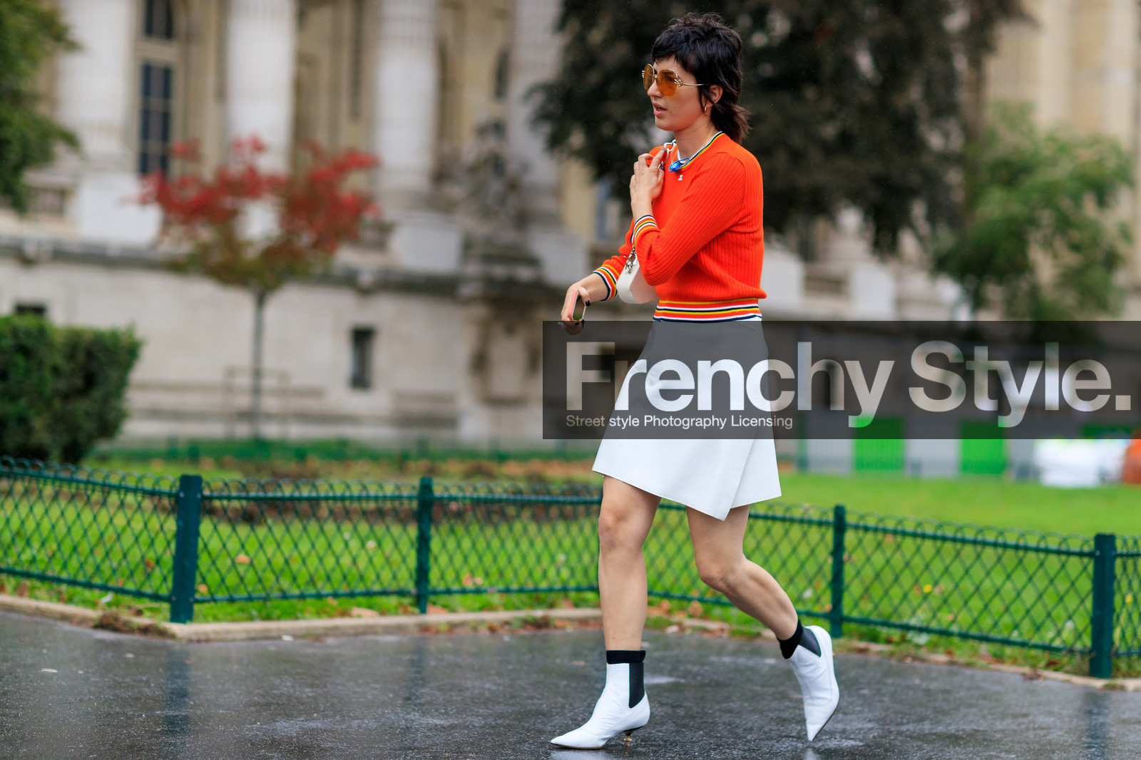 alicia padron, atmosphere details, fashion week, frenchystyle, full length, FW, high heels, horizontal, jonathan paciullo, leather shoes, PARIS, PFW, red sweater, short hair, SPRING SUMMER 2018, SS 18, street style, sunglasses, white boots, white skirt