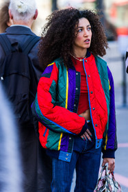 bag, blue denim, bomber, check, checked print, color, denim, green bag, green jacket, jacket, patcwork, printed bag, printed jacket, quilted jacket, red bag, red jacket, red top, stripes, top, street style, jonathan paciullo, FW, frenchystyle, fashion week, PFW, PARIS, SPRING SUMMER 2022, SS 22, vertical, atmosphere details