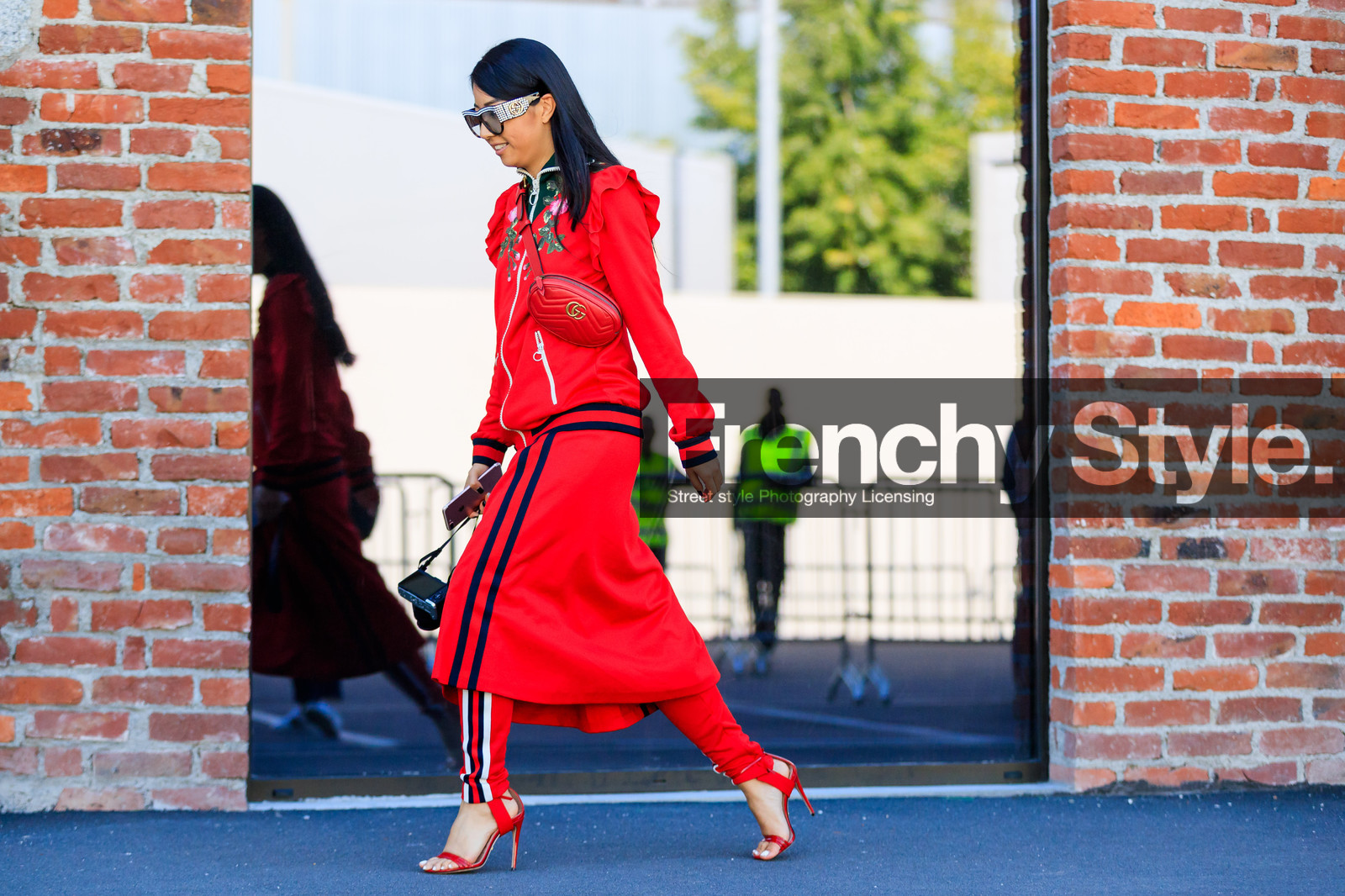 atmosphere details, fashion week, frenchystyle, full length, FW, graphic pants, graphic skirt, gucci, high heels, horizontal, jonathan paciullo, leather bag, leather shoes, MFW, MILAN, printed pants, printed skirt, red bag, red jacket, red pants, red shoes, red skirt, red sweater, SPRING SUMMER 2018, SS 18, street style, sunglasses, tone on tone, total look red, trousers, yuwei zhangzou, yuyu zhangzou
