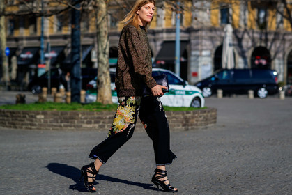 black bag, black pants, black shoes, brown jacket, embroidered pants, graphic jacket, high heels, leather bag, leather shoes, printed jacket, trousers, MILAN, MFW, fashion week, frenchystyle, FW, jonathan paciullo, street style, AUTUMN WINTER 2019-2020, AW 19-20, FALL WINTER 2019-2020, FW 19-20, atmosphere details, detail, horizontal