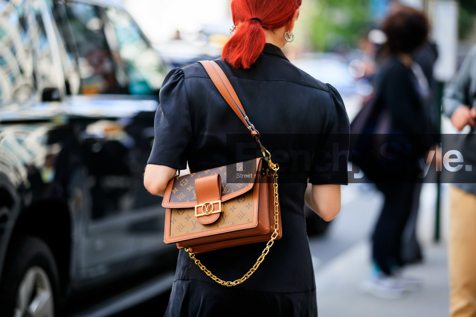 black dress, brown bag, dyed hair, graphic bag, leather bag, leather shoes, louis vuitton, monogram, printed bag, red hair, street style, jonathan paciullo, FW, frenchystyle, fashion week, NEW YORK, NYFW, SPRING SUMMER 2020, SS 20, horizontal, atmosphere details, detail