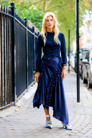 ada kokosar, blue cardigan, blue shoes, blue skirt, leather shoes, ruffled skirt, tone on tone, total look blue, fashion week, frenchystyle, FW, jonathan paciullo, street style, LFW, LONDON, SPRING SUMMER 2019, SS 19, vertical, full length
