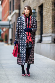 AUTUMN WINTER 2016-2017, AW 16-17, black, checked scarf, ella catliff, fashion week, frenchystyle, full length, FW, FW 16-17, geometric, graphic, graphic coat, jonathan paciullo, leather bag, leather shoes, metallic heels, mitten, NEW YORK, NYFW, pink, pink bag, pink coat, pink heels, printed coat, shiny heels, street style, vertical, woman