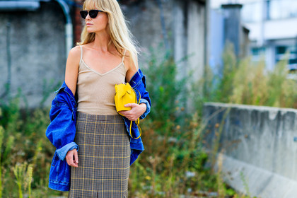 atmosphere details, beige skirt, beige top, blue denim, brown skirt, checked skirt, denim jacket, detail, elephants, fashion week, frenchystyle, FW, graphic bag, graphic skirt, horizontal, jonathan paciullo, leather bag, loewe, MFW, MILAN, off the shoulder, plaid, SPRING SUMMER 2017, SS 17, street style, sunglasses, yellow bag