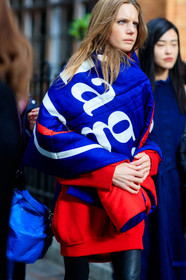 atmosphere details, balenciaga, blue scarf, detail, fashion week, frenchystyle, FW, jonathan paciullo, LFW, LONDON, pascaline smets, printed scarf, red sweater, SPRING SUMMER 2018, SS 18, street style, sweater dress, trousers, vertical
