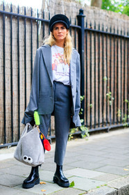 black hat, black shoes, blazer, fashion week, frenchystyle, full length, fur bag, FW, grey bag, grey jacket, grey pants, grey suit, jonathan paciullo, leather shoes, LFW, LONDON, printed t shirt, SPRING SUMMER 2018, SS 18, street style, trousers, vertical, white t shirt