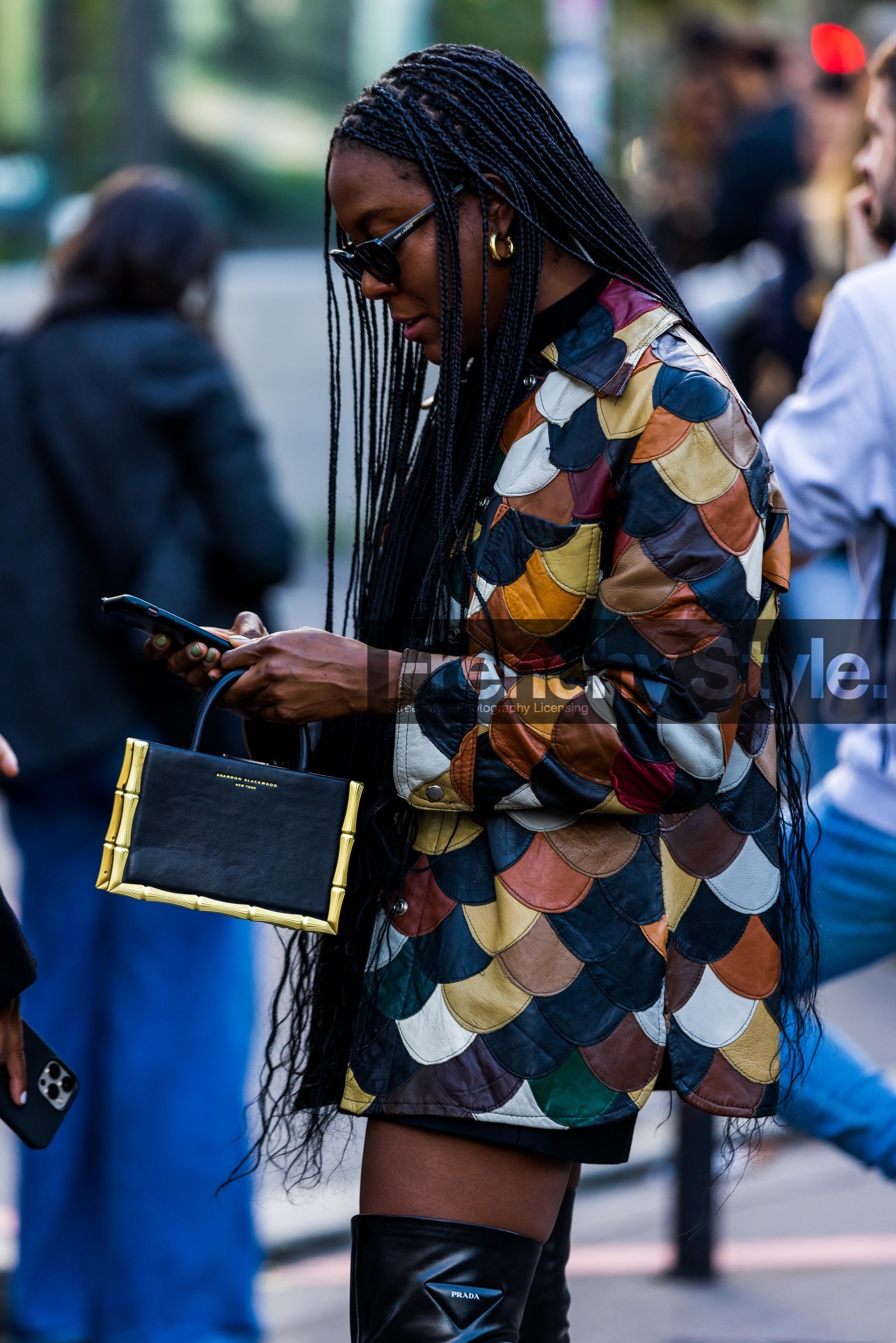 braid, black bag, black boots, black sunglasses, bracelet, brown jacket, close up, colored jacket, detail, gold bracelet, jacket, Jessica Willis, leather jacket, multicolor, pastel bag, patchwork, pearl bracelet, print, printed jacket, small bag, sunglasses, fashion week, frenchystyle, FW, jonathan paciullo, street style, PFW, PARIS, SPRING SUMMER 2022, SS 22, vertical, atmosphere details