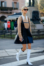 black dress, camel sweater, high boots, high heels, leather dress, leather shoes, linda tol, sunglasses, white shoes, MILAN, MFW, fashion week, frenchystyle, FW, jonathan paciullo, street style, AUTUMN WINTER 2019-2020, AW 19-20, FALL WINTER 2019-2020, FW 19-20, vertical, full length