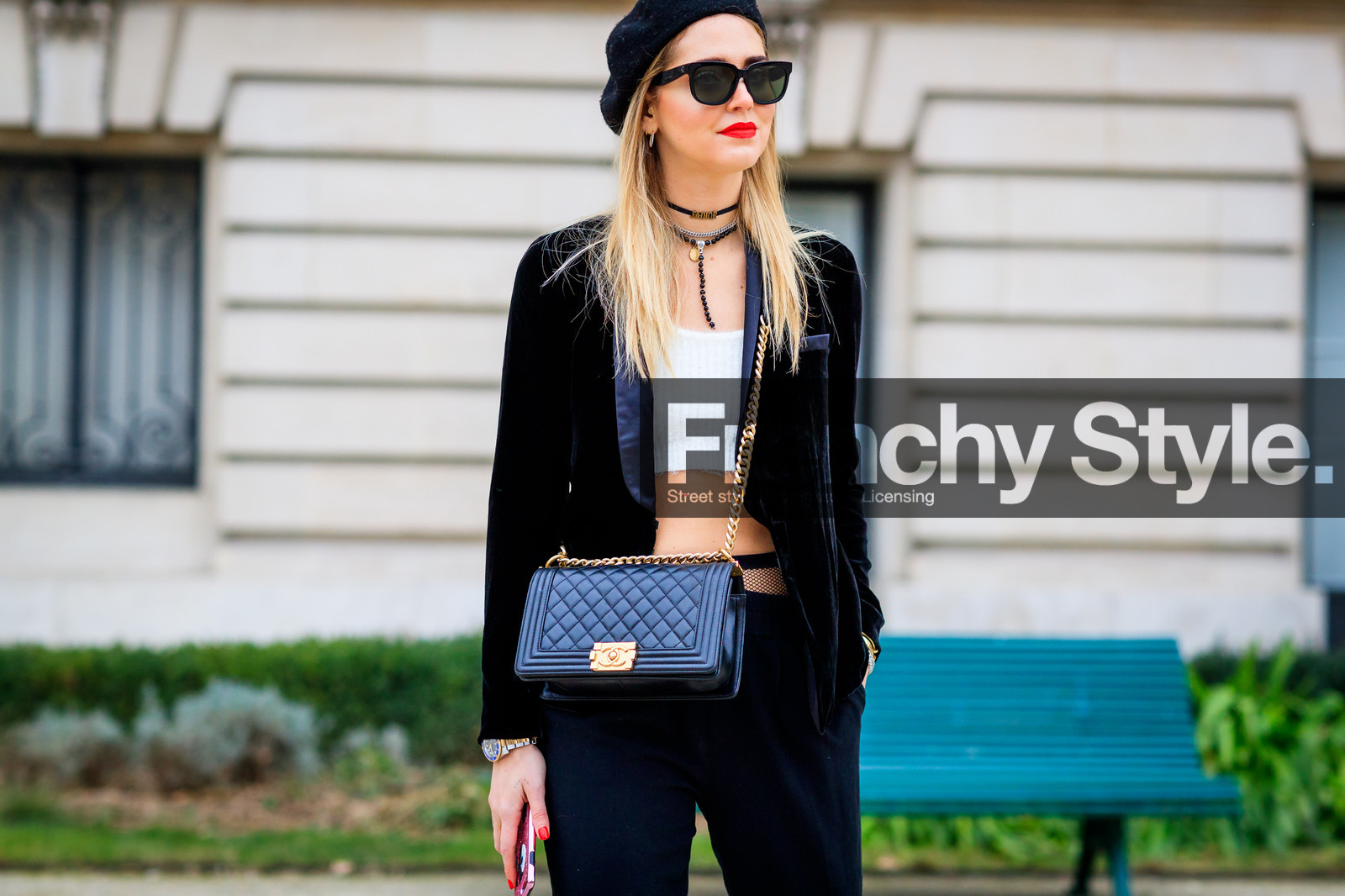 black bag, black cap, black jacket, black pants, blazer, boy bag, chanel, choker, crop top, leather bag, necklace, sunglasses, trousers, velvet, white top, fashion week, frenchystyle, FW, jonathan paciullo, street style, PFW, PARIS, SPRING SUMMER 2017, SS 17, HAUTE COUTURE, atmosphere details, detail, horizontal, chiara ferragni