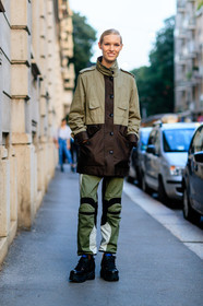 black boots, fashion week, frenchystyle, full length, FW, green jacket, green pants, jess picton warlow, jonathan paciullo, leather shoes, MFW, MILAN, model, printed pants, SPRING SUMMER 2017, SS 17, street style, trousers, vertical