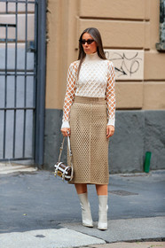 alice & j.s, alice barbier, beige total look, beige jacket, beige pants, beige skirt, white top, white leather boots, polish boots, low boots, long sleeves top, openwork top, openwork skirt, mid long skirt, high collar top, fendi bag, monogrammed bag, white leather bag, brown leather bag, futurist shape sunglasses, scale sunglasses, fendi boots, fendi shirt, fendi skirt, fendi top, fendi look, fashion week, frenchystyle, FW, jonathan paciullo, street style, MFW, MILAN, SPRING SUMMER 2020, SS 20