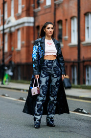patricia manfield, light pink leather bag, light pink t-shirt, cropped top, ruffle top, black leather jacket, floral embroidered jacket, light blue jacket, long jacket, blue jeans, printed jeans, painted jacket, 90's look, fashion week, frenchystyle, FW, jonathan paciullo, street style, LFW, LONDON, AUTUMN WINTER 2020-2021, FALL WINTER 2020-2021, FW 20-21, vertical, full length