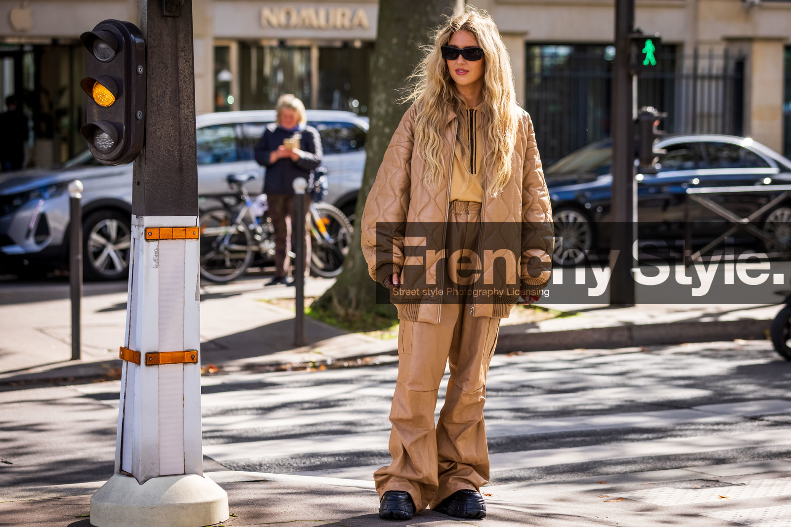 beige coat, beige jacket, beige pants, beige top, black sunglasses, coat, Emili Sindlev, jacket, large pants, leather coat, leather jacket, miu miu look, miu miu looks, pants, plateforme shoes, quilted coat, sunglasses, fashion week, frenchystyle, FW, jonathan paciullo, street style, PFW, PARIS, SPRING SUMMER 2022, SS 22, horizontal, atmosphere details, full length
