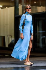 ballerinas, beige shoes, black bag, blue dress, camille charriere, chanel, christian dior, leather bag, leather shoes, monogram, saddle bag, sunglasses, turquoise, street style, jonathan paciullo, FW, frenchystyle, fashion week, NYFW, NEW YORK, SPRING SUMMER 2019, SS 19, vertical, full length