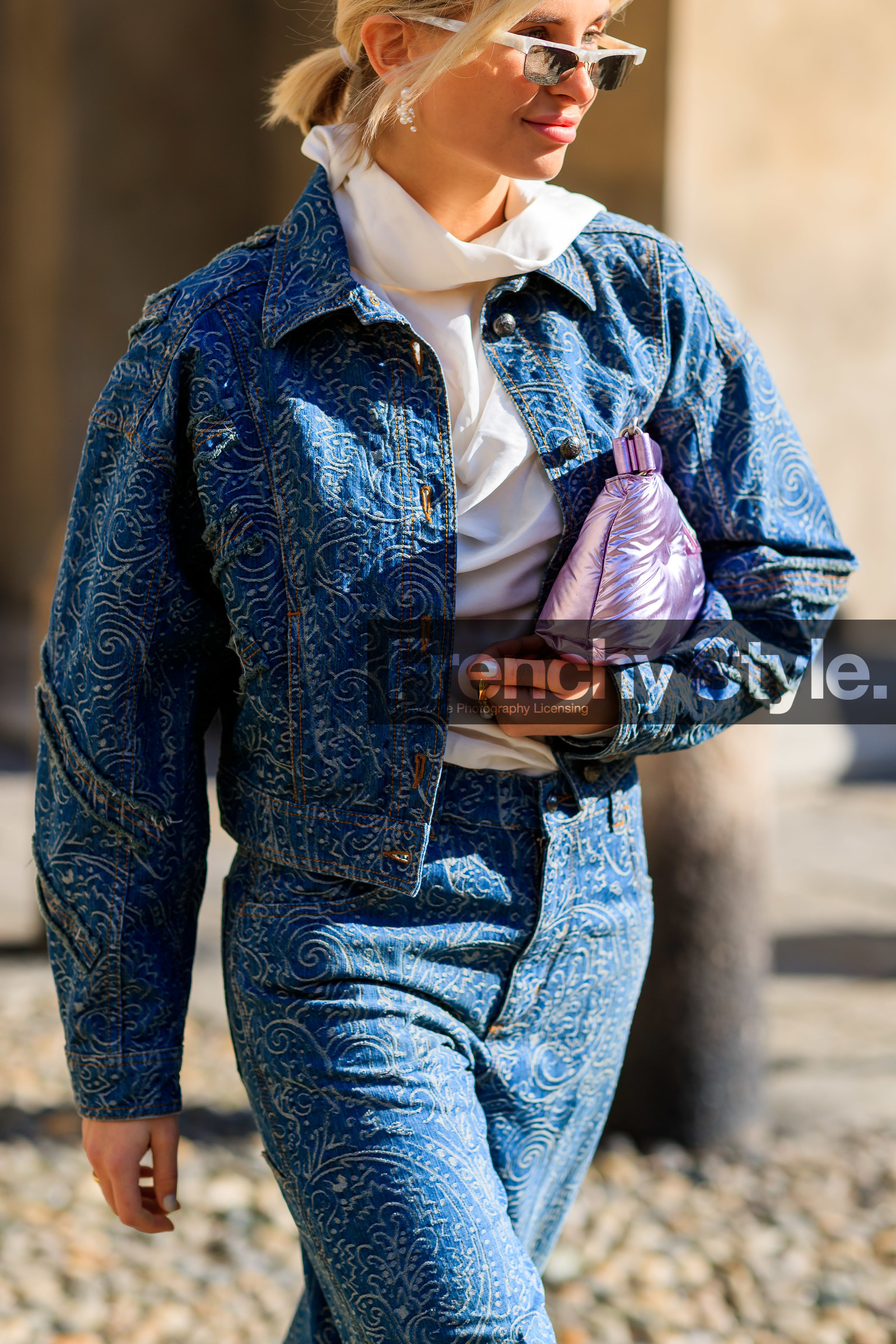 blue denim, denim jacket, denim pants, graphic jacket, graphic pants, jeans, leather bag, maison martin margiela, printed jacket, printed pants, purple bag, shiny bag, sunglasses, trousers, white shirt, xenia adonts, MILAN, MFW, fashion week, frenchystyle, FW, jonathan paciullo, street style, AUTUMN WINTER 2019-2020, AW 19-20, FALL WINTER 2019-2020, FW 19-20, vertical, atmosphere details, detail
