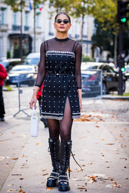 bag, black boots, black dress, black sunglasses, boots, chunky boots, dress, high boots, short dress, statement dress, strap dress, strass, sunglasses, Thassia Naves, transparent top, white bag, fashion week, frenchystyle, FW, jonathan paciullo, street style, PFW, PARIS, SPRING SUMMER 2022, SS 22, vertical, full length