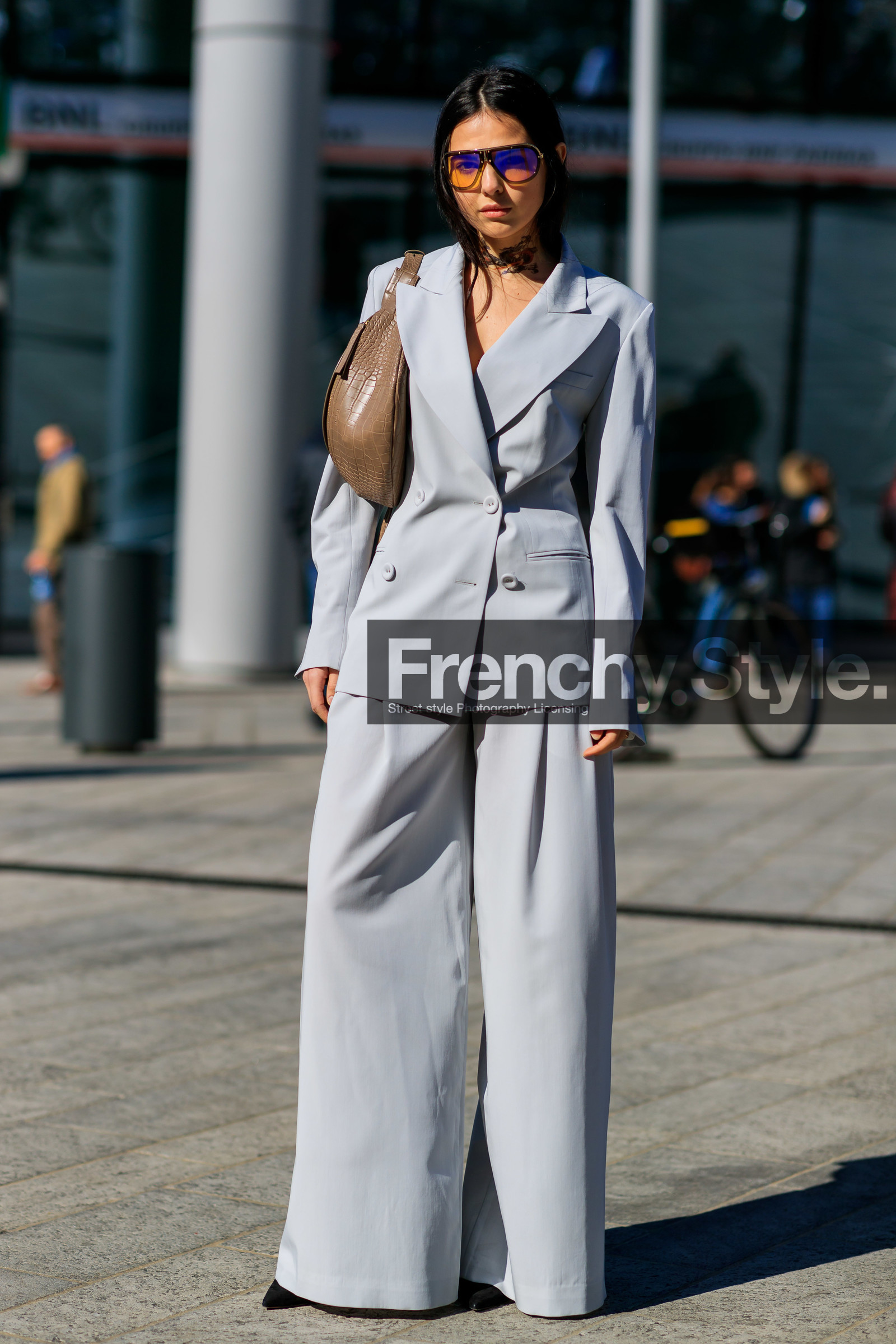 beige bag, blazer, doina ciobanu, fanny pack, grey jacket, grey pants, grey suit, leather bag, sunglasses, trousers, MILAN, MFW, fashion week, frenchystyle, FW, jonathan paciullo, street style, AUTUMN WINTER 2019-2020, AW 19-20, FALL WINTER 2019-2020, FW 19-20, vertical, full length