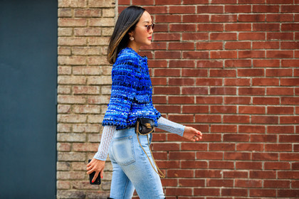 black bag, blue denim, blue jacket, denim pants, earrings, fanny pack, jeans, leather bag, mini bag, sunglasses, trousers, tweed jacket, street style, jonathan paciullo, FW, frenchystyle, fashion week, NYFW, NEW YORK, AUTUMN WINTER 2018-2019, AW 18-19, FALL WINTER 2018-2019, FW 18-19, atmosphere details, horizontal, detail, Chriselle Lim