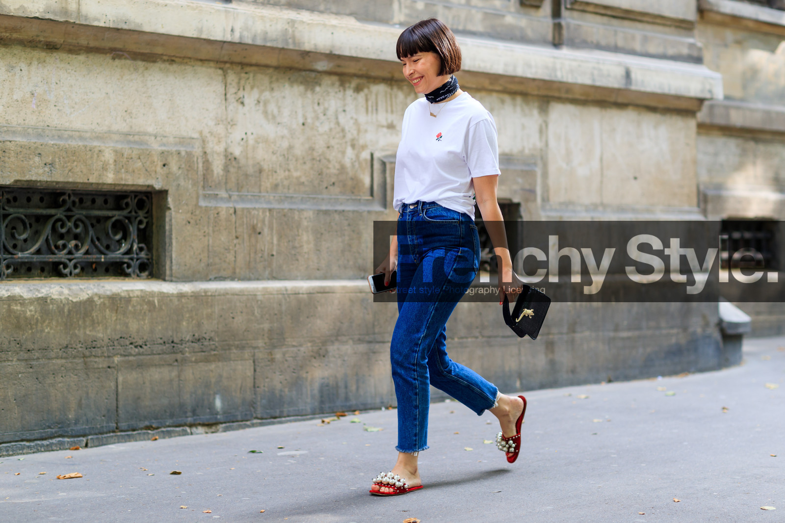 atmosphere details, black bag, black bandana, black scarf, blue denim, clara cornet, denim pants, embroidered shoes, fashion week, frenchystyle, full length, FW, horizontal, jeans, jonathan paciullo, leather bag, leather shoes, MENSWEAR, PARIS, pearls, PFW, red sandals, SPRING SUMMER 2018, SS 18, street style, trousers, white t shirt