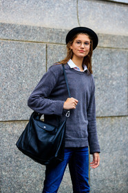 black bag, black hat, blue denim, denim pants, grey sweater, jeans, leather bag, model, trousers, white shirt, street style, jonathan paciullo, FW, frenchystyle, fashion week, NYFW, NEW YORK, SPRING SUMMER 2019, SS 19, vertical, detail, atmosphere details
