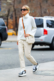 AUTUMN WINTER 2016-2017, AW 16-17, beige bag, beige pants, black and white sneakers, black and white wedges, celine aagaard, fashion week, frenchystyle, full length, FW, FW 16-17, jonathan paciullo, leather bag, leather pants, NEW YORK, NYFW, rings, street style, sunglasses, tone on tone, total look beige, total look white, trousers, turtleneck sweater, vertical, white bag, white sweater, white top, woman