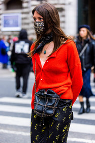 bag, bandana, black bag, black scarf, black skirt, cardigan, chanel bag, facial mask, floral print, flower, leather bag, print, printed scarf, printed skirt, red cardigan, scarf, skirt, street style, jonathan paciullo, FW, frenchystyle, fashion week, PFW, PARIS, SPRING SUMMER 2022, SS 22, vertical, atmosphere details
