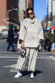 AUTUMN WINTER 2016-2017, AW 16-17, beige jacket, beige knit, beige pants, beige sweater, beige turtleneck, canvas, céline, fashion week, frenchystyle, full length, FW, FW 16-17, gala gonzalez, hoodie, jonathan paciullo, leather bag, leather sneakers, mini bag, multicolor bag, NEW YORK, NYFW, oversize, street style, striped bag, stripes, sunglasses, tone on tone, total look beige, vertical, white sneakers, wide pants, woman