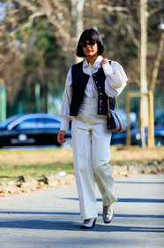 black jacket, brown bag, graphic bag, gucci, leather bag, leather jacket, leather shoes, maria bernad, monogram, printed bag, sunglasses, trousers, white pants, white shirt, MILAN, MFW, fashion week, frenchystyle, FW, jonathan paciullo, street style, AUTUMN WINTER 2019-2020, AW 19-20, FALL WINTER 2019-2020, FW 19-20, vertical, full length