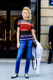 AUTUMN WINTER 2016-2017, AW 16-17, babies, black shoes, blue denim, denim pants, FALL WINTER 2016-2017, fashion week, frenchystyle, full length, FW, FW 16-17, graphic top, hanne gaby odiele, HAUTE COUTURE, jeans, jonathan paciullo, leather shoes, MENSWEAR, model, PARIS, PFW, printed bag, printed top, red top, saint laurent paris, see through, street style, striped top, trousers, vertical