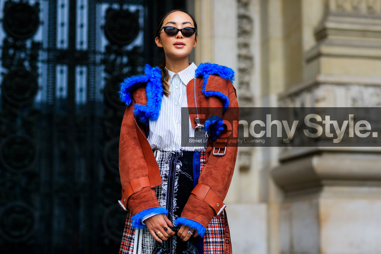 atmosphere details, blue fur, brown jacket, checked skirt, detail, fashion week, frenchystyle, FW, graphic jacket, graphic skirt, horizontal, jonathan paciullo, leather jacket, PARIS, PFW, plaid, pleated skirt, printed jacket, printed skirt, shearling, SPRING SUMMER 2018, SS 18, street style, sunglasses, tartan, white shirt, Chriselle Lim