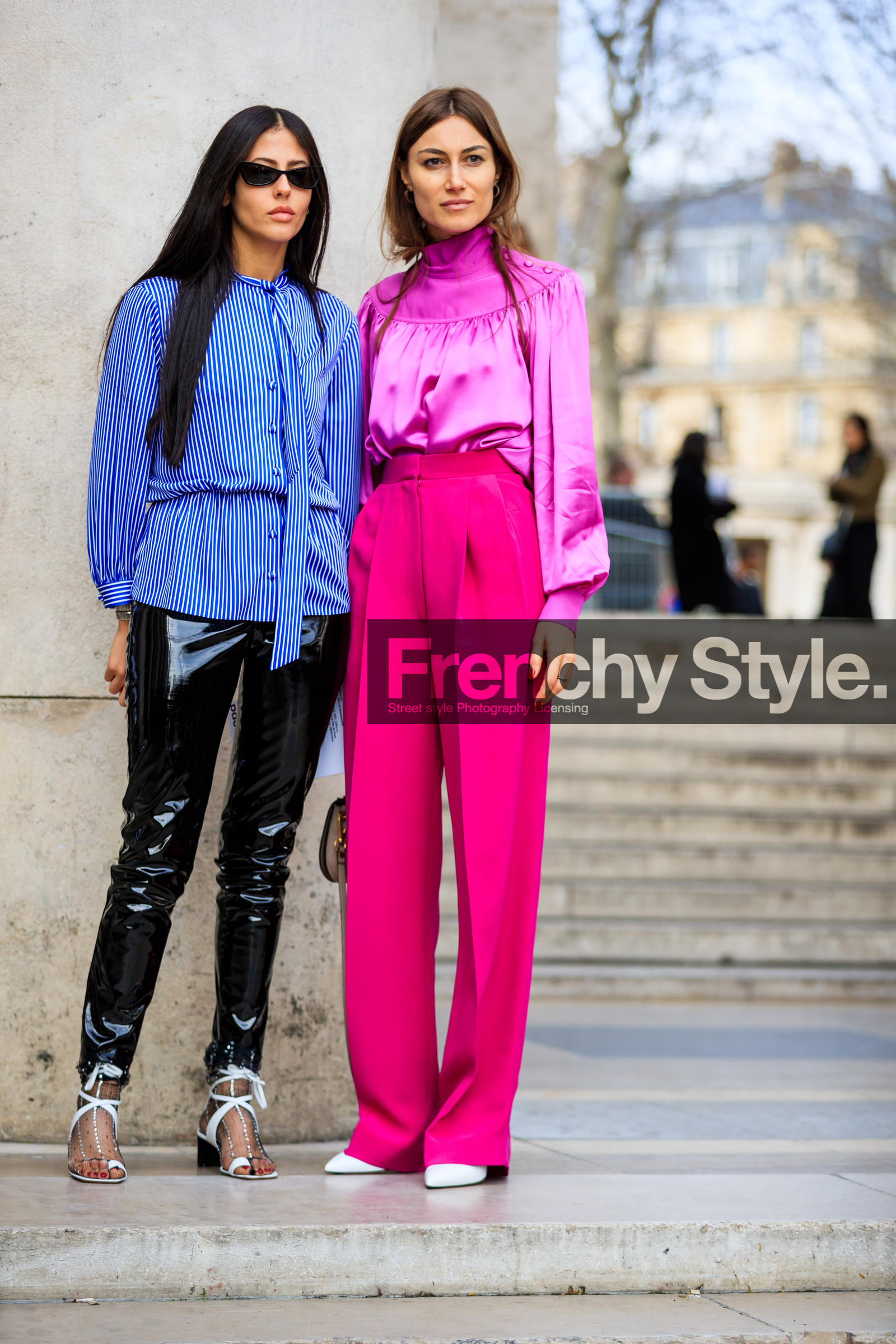 AUTUMN WINTER 2017-2018, AW 17-18, black pants, blue shirt, chloe, FALL WINTER 2017-2018, fashion week, frenchystyle, full length, FW, FW 17-18, gilda ambrosio, giorgia tordini, high heels, jonathan paciullo, leather bag, leather pants, leather shoes, PARIS, PFW, pink pants, pink shirt, street style, striped shirt, sunglasses, trousers, trousers: beige bag, vertical, white shoes