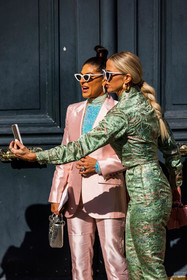bag, blue top, duo, floral print, flower, green jacket, green pants, pastel, pink blazer, pink suits, print, silver bag, smartphone, suits, sunglasses, white sunglasses, fashion week, frenchystyle, FW, jonathan paciullo, street style, PFW, PARIS, SPRING SUMMER 2022, SS 22, vertical, atmosphere details
