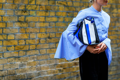 atmosphere details, balenciaga, black bag, black pants, blue shirt, detail, fashion week, frenchystyle, FW, graphic bag, horizontal, jonathan paciullo, leather bag, LFW, lisa anne stuyfzand, LONDON, printed bag, SPRING SUMMER 2017, SS 17, street style, striped bag, striped shirt, trousers, velvet, woman